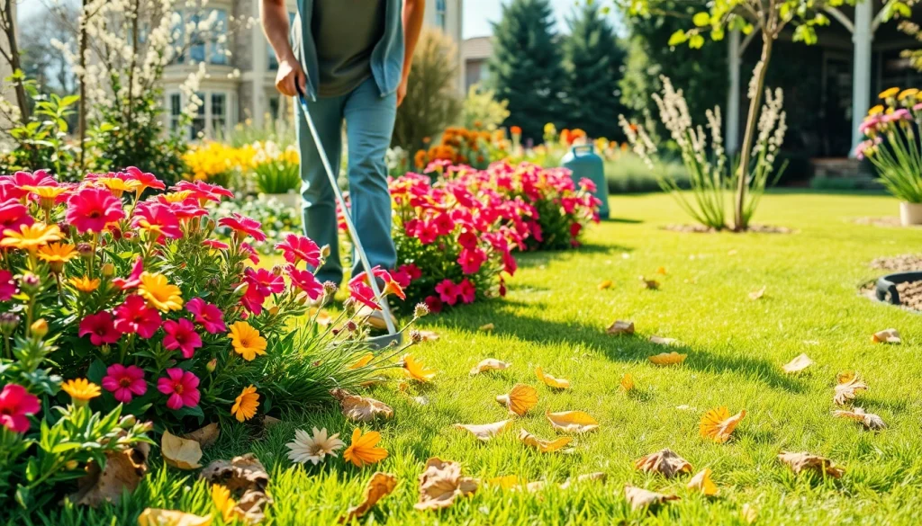 Professional landscaper conducting a spring clean up in a vibrant garden with blooming flowers and freshly raked leaves.