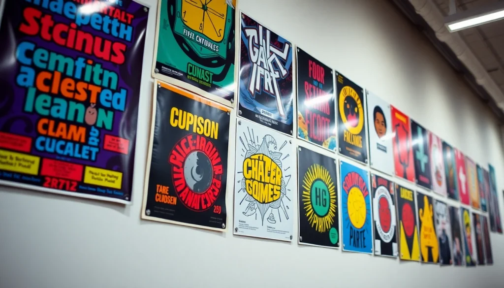 Showcase of vibrant poster printing Dublin styles displayed on a dynamic wall.