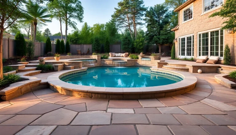 Enhance your outdoor living with stunning Hardscapes & Pools, showcasing an elegant pool surrounded by bespoke stonework.