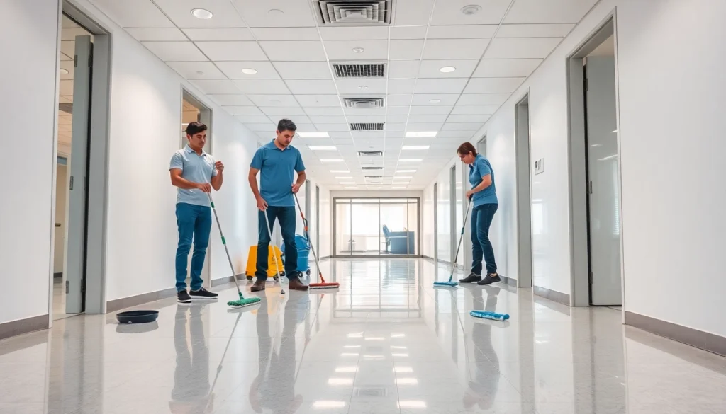 Jacksonville commercial cleaning team efficiently cleaning a bright office space with modern tools.