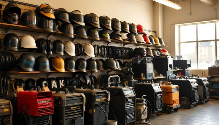 Select high-quality welding supplies, including helmets and machines, displayed in an inviting setup.