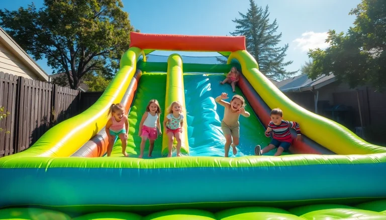 Children enjoying the inflatable slip and slide, creating fun summer memories on a sunny day.