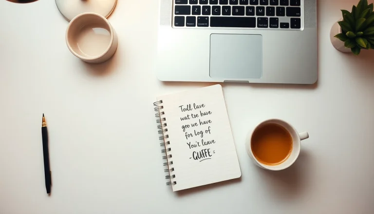 Stayfocused workspace featuring a laptop, notepad, and coffee cup, embodying a productive atmosphere.