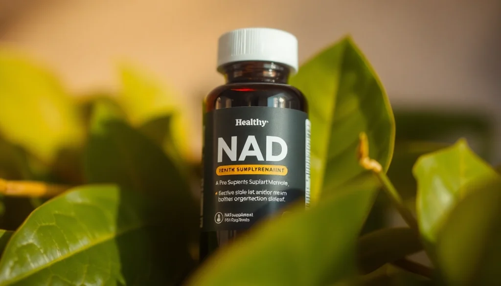 Enhance your wellness with NAD Supplement, a vibrant bottle amidst natural greenery.