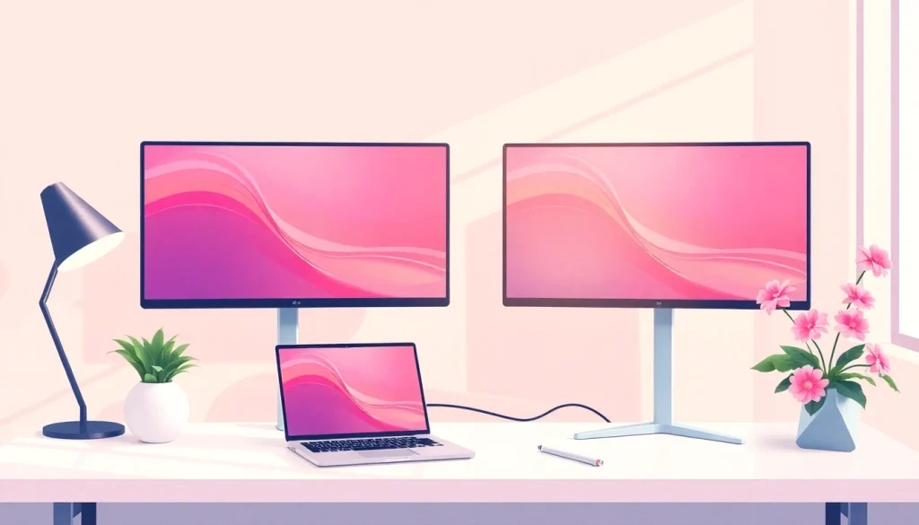 Dual monitor install setup showcasing two screens elegantly positioned on a desk for productivity.