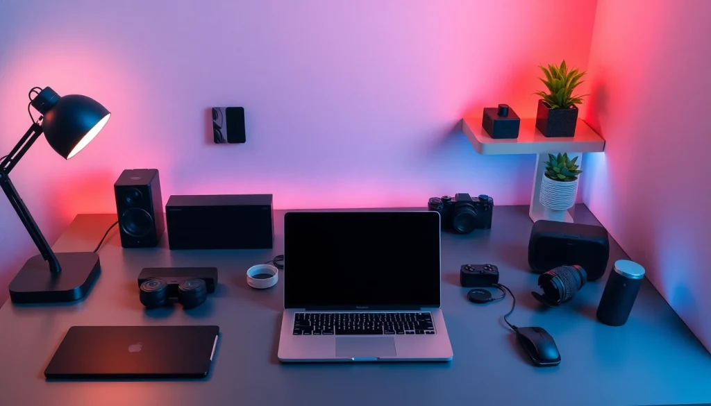 Showcase of tech gadgets in a modern workspace, featuring innovative devices and a laptop.