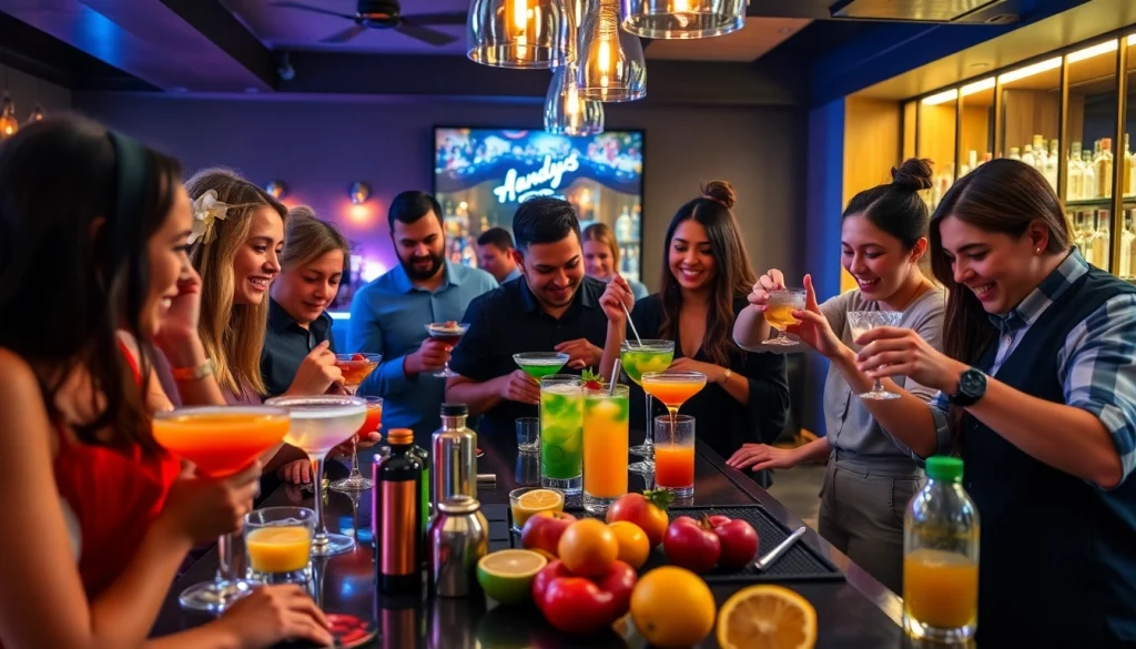 Participants enjoying a dynamic cocktailkurs, mixing colorful drinks under expert guidance.