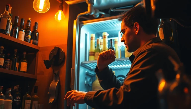 Technician performing bar refrigeration repair in a cozy bar setting, surrounded by bottles and tools.