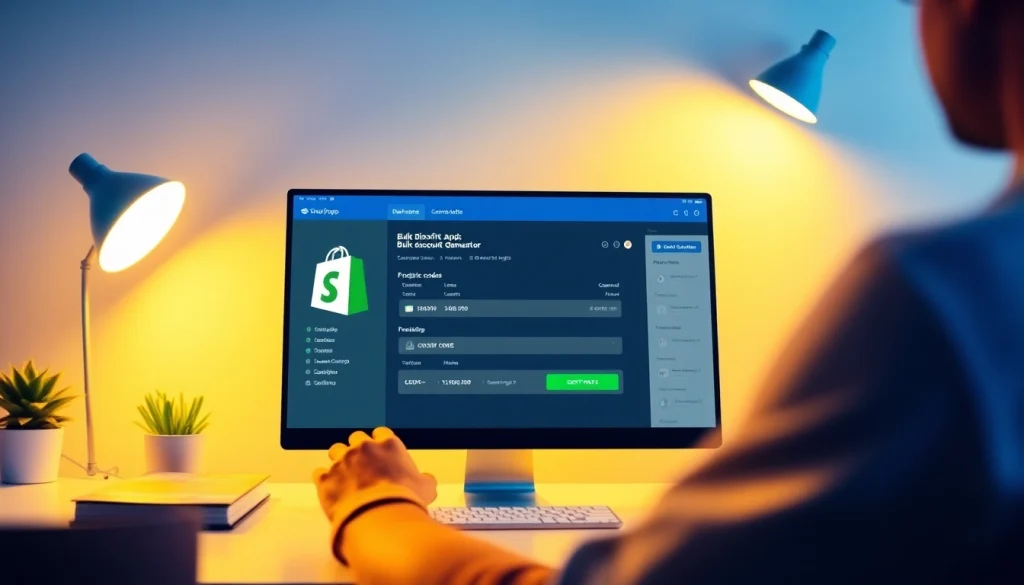 Create shopify bulk discount codes effortlessly with a user-friendly generator interface displayed on a computer screen.