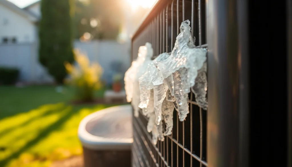 Central air conditioner not blowing cold due to ice buildup on the unit, highlighting repair needs in a backyard setting.