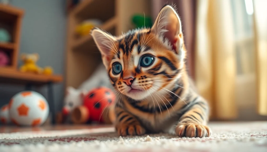 Registered Bengal Breeder showcasing a playful kitten in a cozy environment.