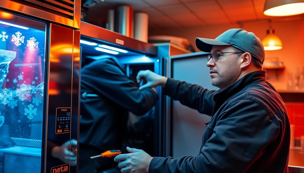 Technician performing ice machine repair on a commercial ice maker, showcasing detailed work and precision.