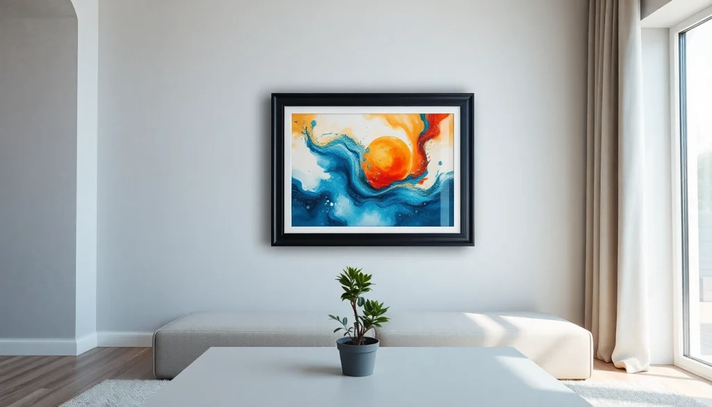 Elegant 36x48 frame displaying vibrant artwork in a cozy living room setting.
