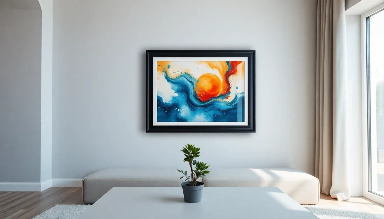 Elegant 36x48 frame displaying vibrant artwork in a cozy living room setting.