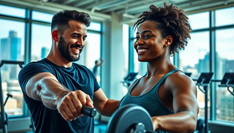 Strength Training Personal Trainer Downtown Jersey City guiding a client through an exercise in an energetic gym.