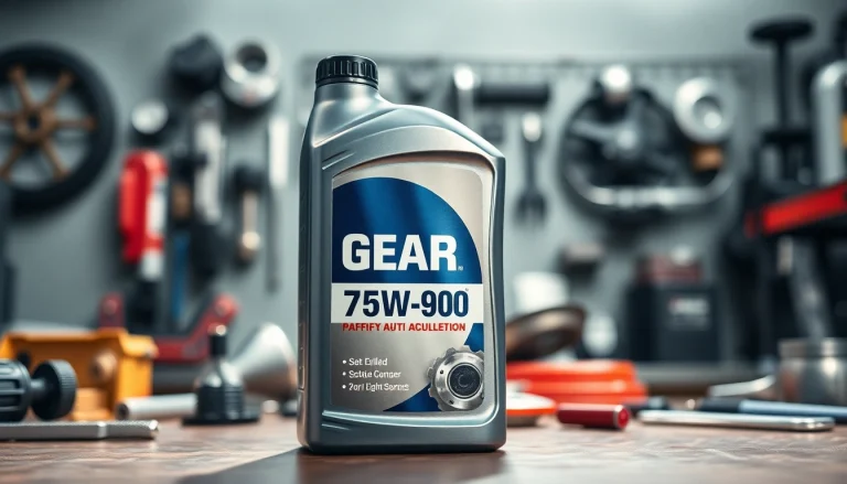 Gear oil 75W-90 bottle prominently showcased on a workshop bench, emphasizing quality and performance.