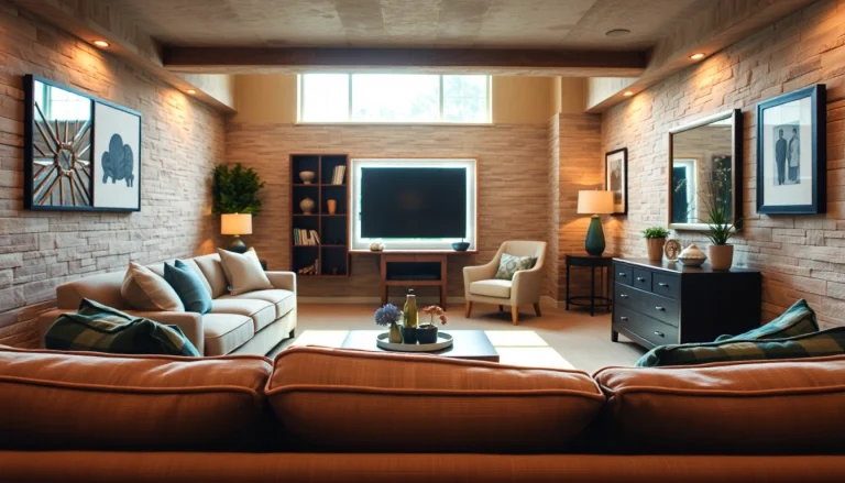 Utah basement builders showcasing a beautifully finished basement with modern decor and natural light.