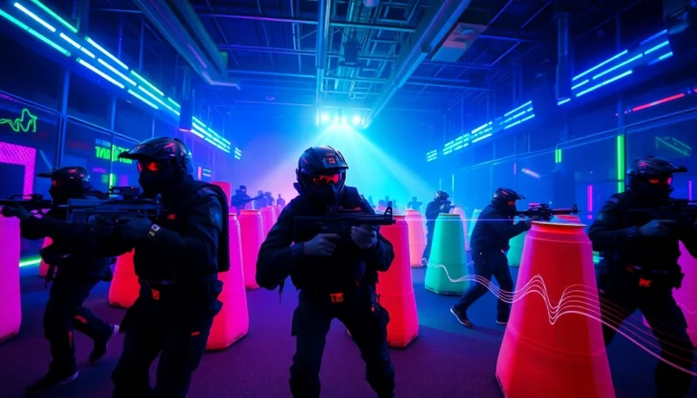 Participants enjoying laser tag in a vibrant arena filled with obstacles and neon lights, showcasing excitement.