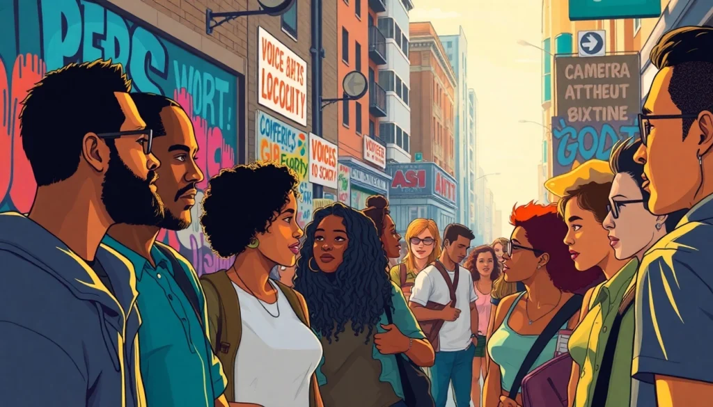 Engaging social commentary depicted through diverse urban individuals sharing insights in vibrant street art.