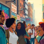 Engaging social commentary depicted through diverse urban individuals sharing insights in vibrant street art.
