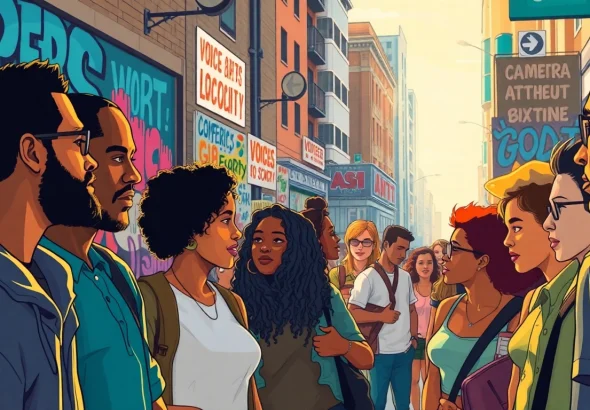 Engaging social commentary depicted through diverse urban individuals sharing insights in vibrant street art.