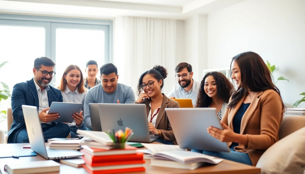 Students pursuing online university degrees from UK with laptops in a vibrant home office.