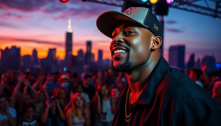 Capturing the energy of Chicago rap lyrics, a dynamic Chicago rapper performs against the city skyline.