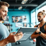 Engaging gym Training Consultation between a professional trainer and client in a fitness studio.