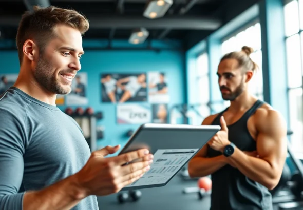 Engaging gym Training Consultation between a professional trainer and client in a fitness studio.
