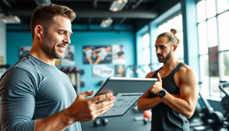 Engaging gym Training Consultation between a professional trainer and client in a fitness studio.