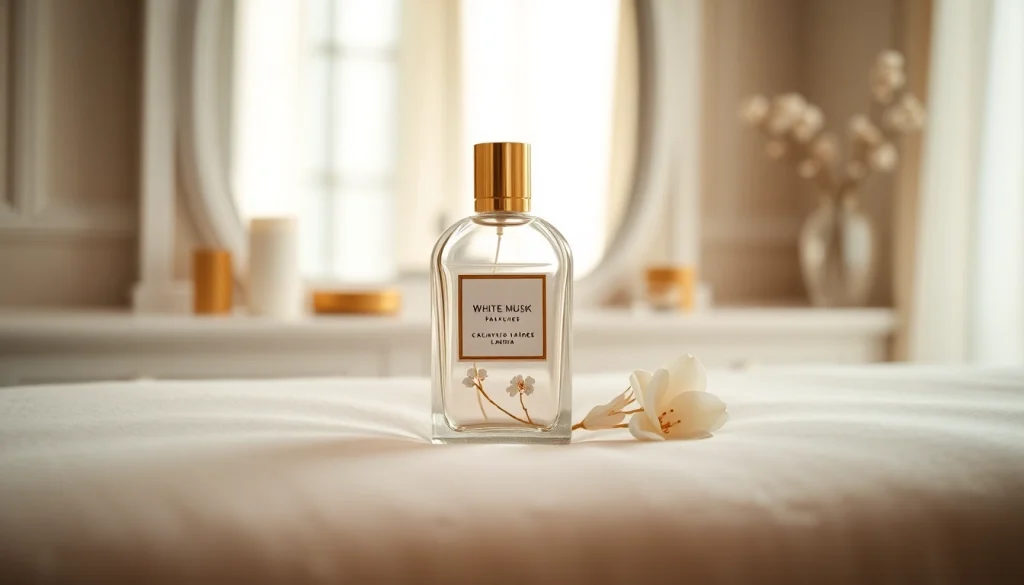 Peut-on admirer un parfum White musk élégant sur une surface en velours douce, illuminé d'une lumière naturelle ?