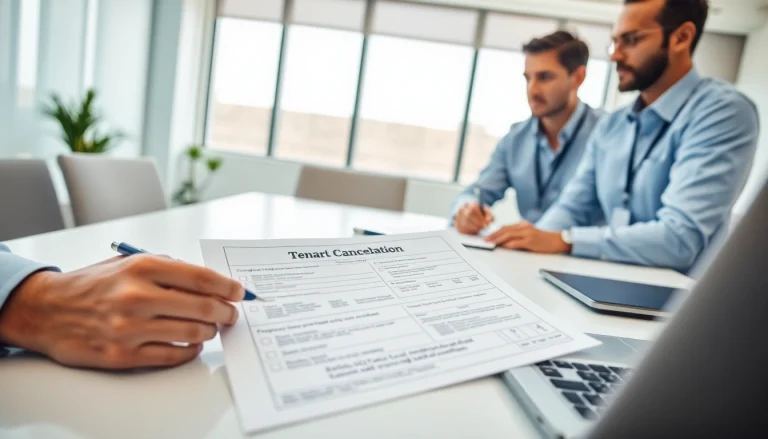 Discussing ejari cancellation​ paperwork in a professional office setting.