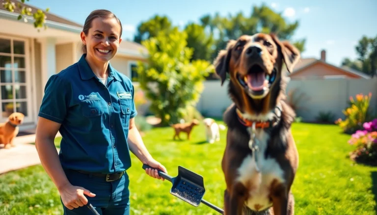 Technician providing a dog clean up service in a sunny backyard, ensuring pet waste is removed professionally.