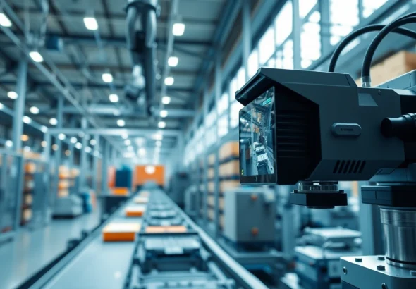 Machine vision system capturing product images during industrial assembly for quality control.