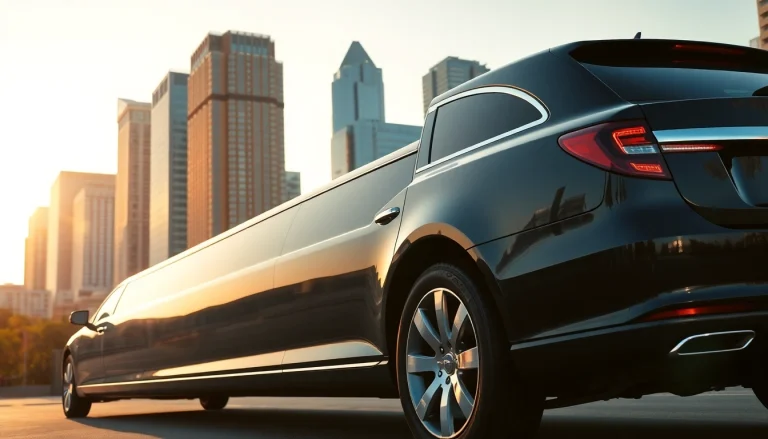 Experience seamless atlanta to alpharetta transportation in a luxury limousine against a city skyline.
