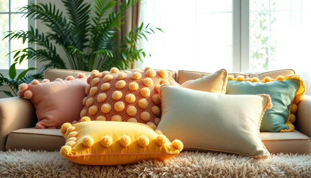 Bright and inviting pompom cushion collection from https://labboho.com/collections/pompom-cushion, showcasing vibrant colors and cozy textures.