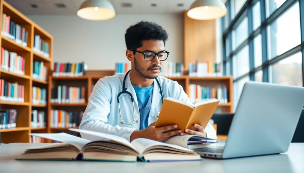 Studierende im Medizinstudium ohne Test in einer modernen Bibliothek, umgeben von Bücher.