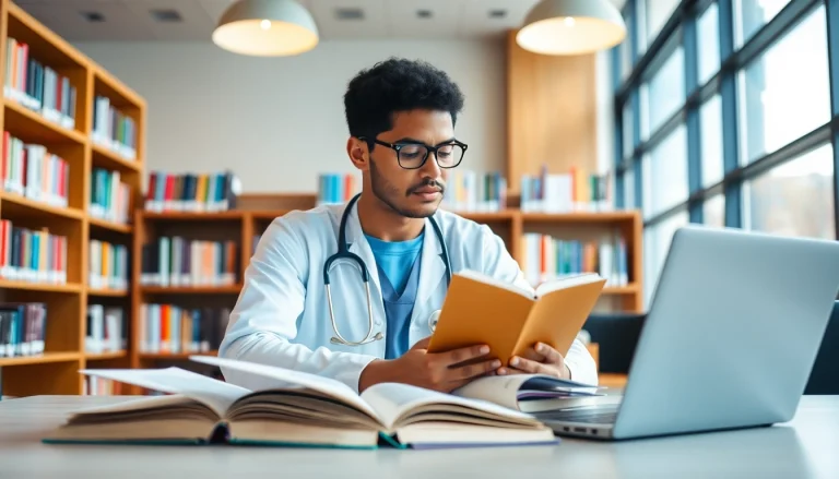Studierende im Medizinstudium ohne Test in einer modernen Bibliothek, umgeben von Bücher.