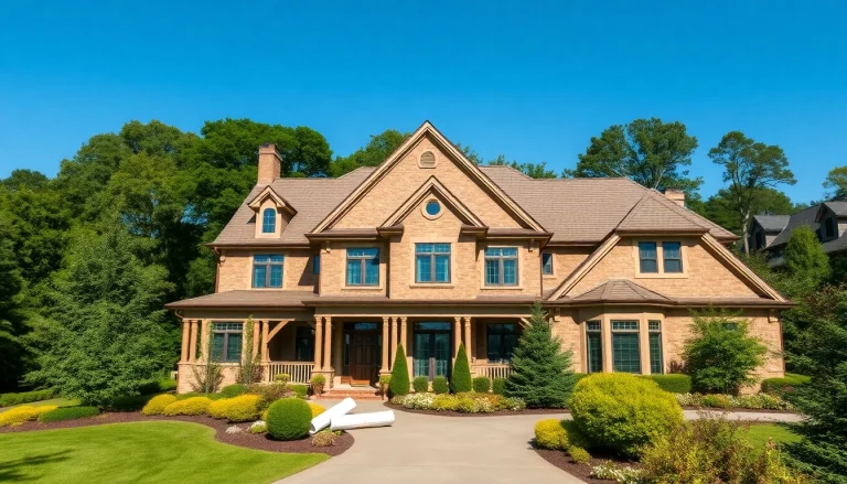 Connecticut home builders constructing a custom house surrounded by lush greenery and bright sky.