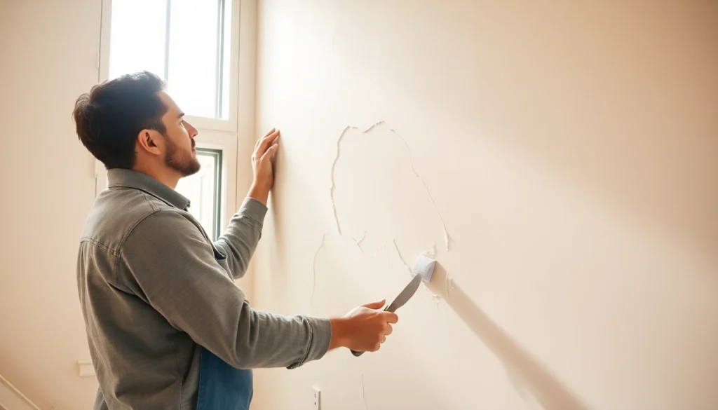 Effective drywall repair madison wi being performed by a skilled technician in a residential environment.