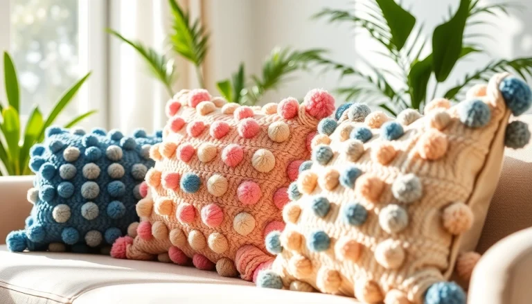 Pompom Cushion Cover featuring vibrant colors and intricate designs on a cozy sofa.