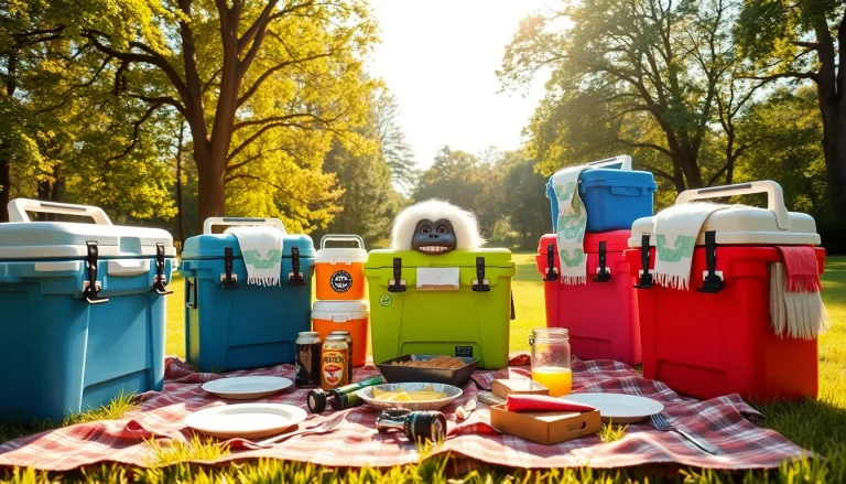 Showcasing high-quality yeti like coolers in a vibrant picnic setting, emphasizing design and functionality.