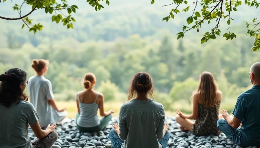 Individuals practicing healing trauma techniques in a serene forest setting.