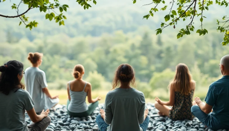 Individuals practicing healing trauma techniques in a serene forest setting.