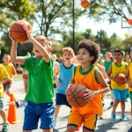 Young basketball enthusiasts practicing skills at a lively community camp.