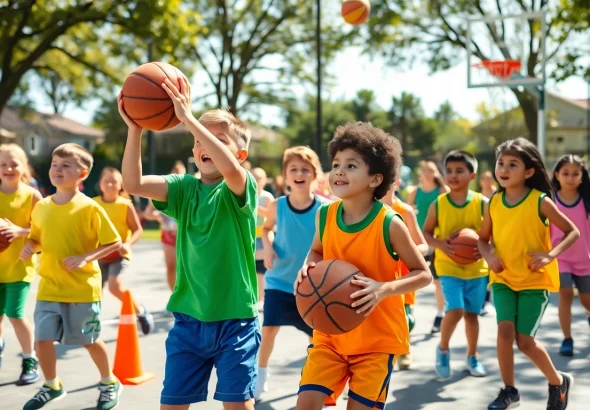 Young basketball enthusiasts practicing skills at a lively community camp.
