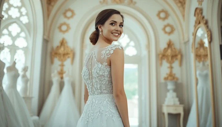 Bridal elegance with beaded wedding dresses showcased in a luxurious bridal boutique setting.