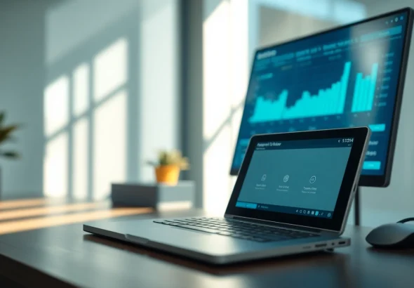Review AI checker tool in a modern workspace with data analytics background.