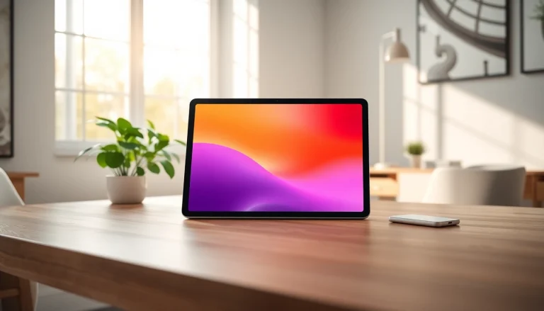 Buy iPad on a modern desk with a vibrant display and minimalist workspace.