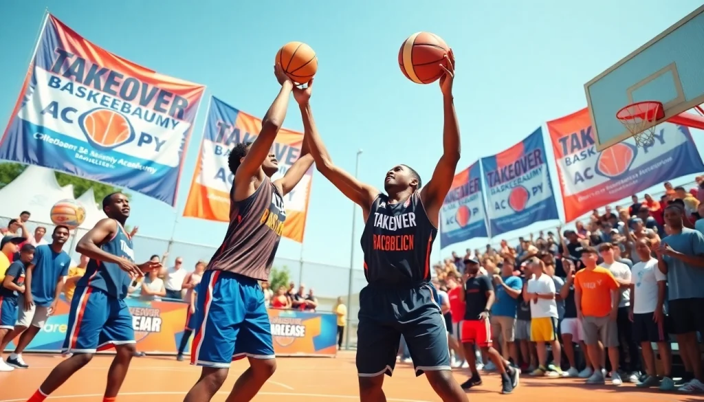 Action-packed scene of players training at Takeover Basketball Academy, focusing on skill development.